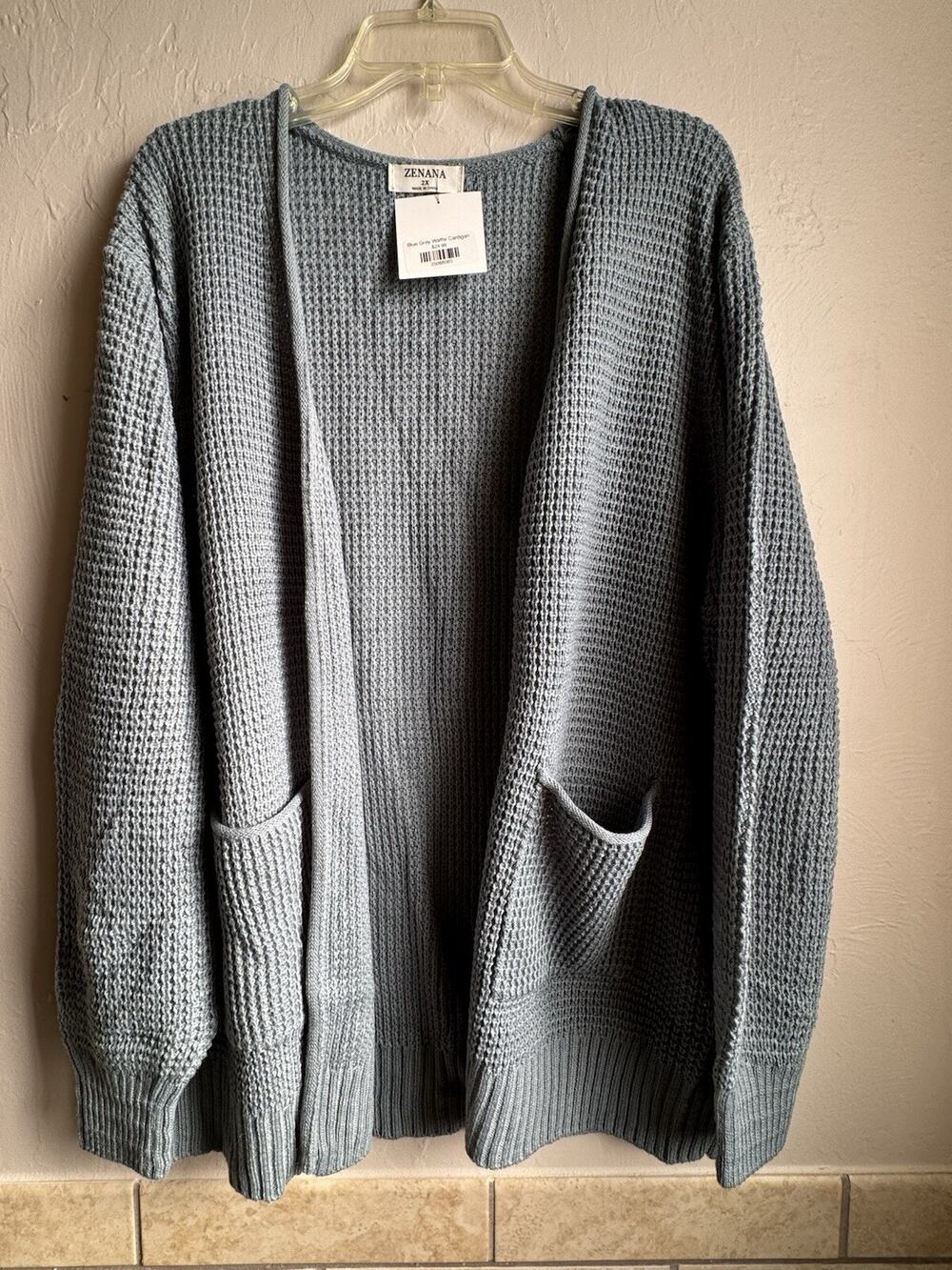 NWT Zenana Plus Size Spring Blue Gray Waffle Open Face Pocket Cardigan